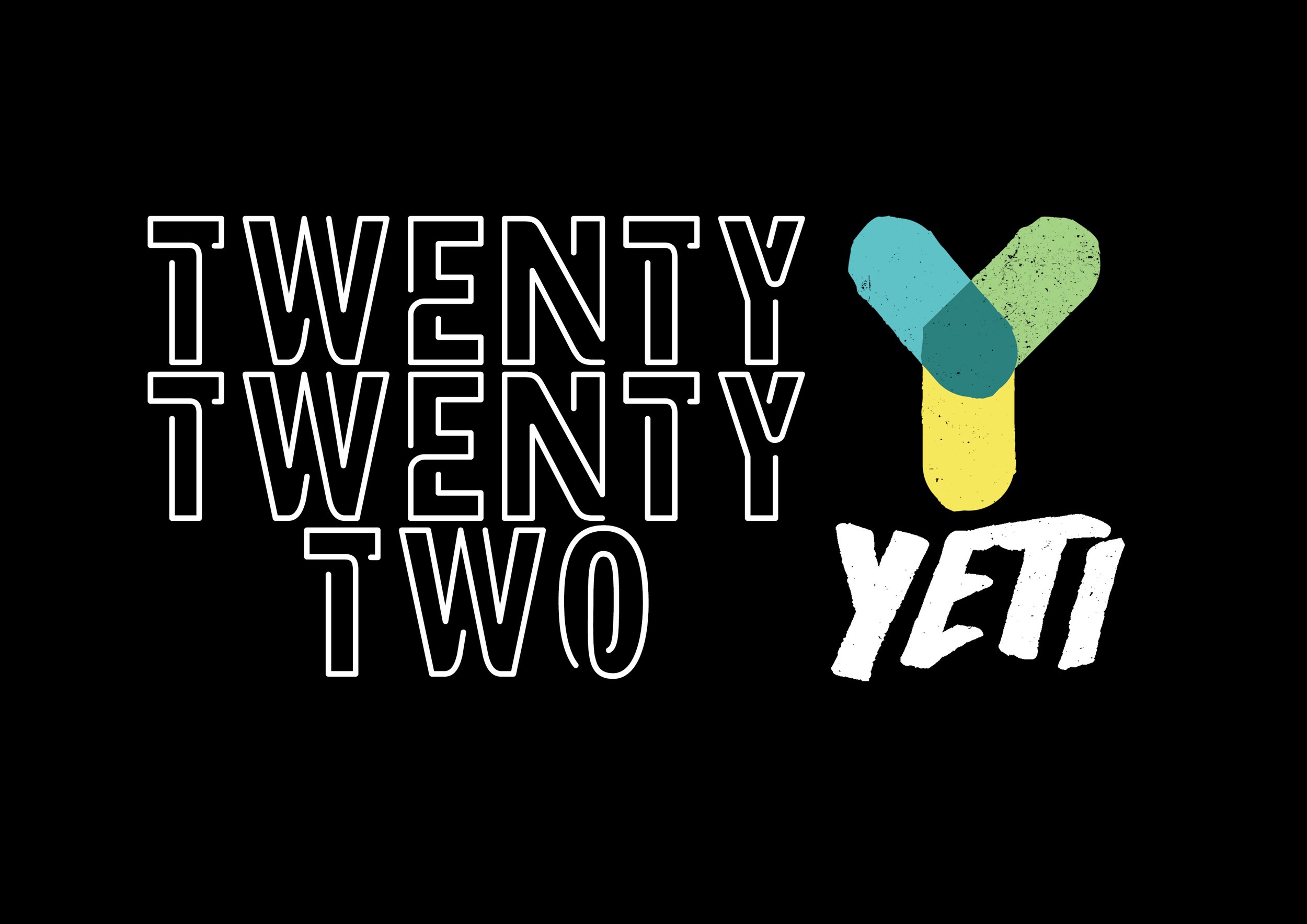 Twenty Twenty Two Yeti logo. Black background with white text and colorful Y graphic.