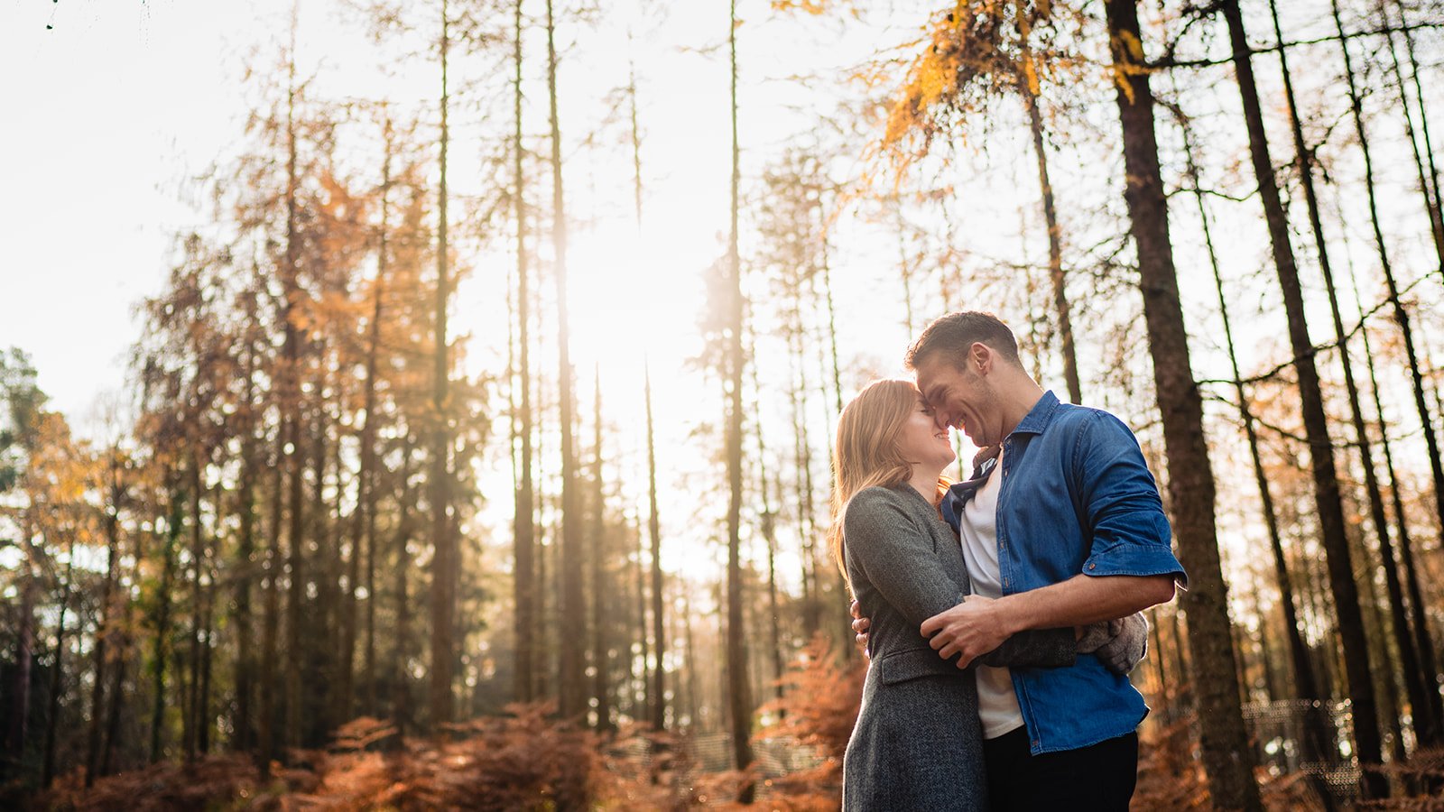 Couple embracing in autumn forest. Romantic moment, fall foliage, sunlight streaming through trees.