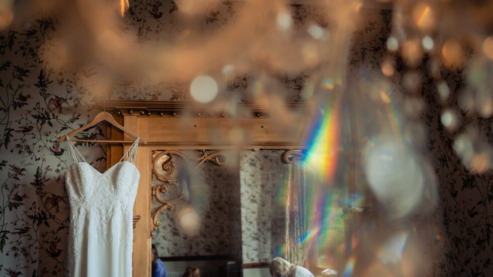 Devon wedding photography: Bridal gown at Huntsham Court. Elegant dress detail, Yeti Wedding Photography.